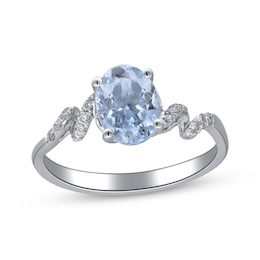 Oval-Cut Aquamarine & Diamond Swirl Shank Ring 1/10 ct tw 10K White Gold