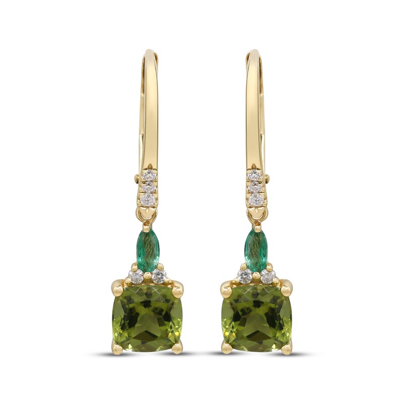 Main Image 2 of Cushion-Cut Peridot, Marquise-Cut Emerald & Diamond Drop Earrings 1/10 ct tw 10K Yellow Gold