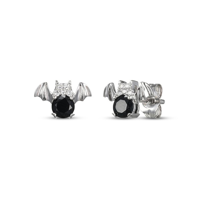 Main Image 1 of Black Agate & White Lab-Created Sapphire Bat Stud Earrings Sterling Silver