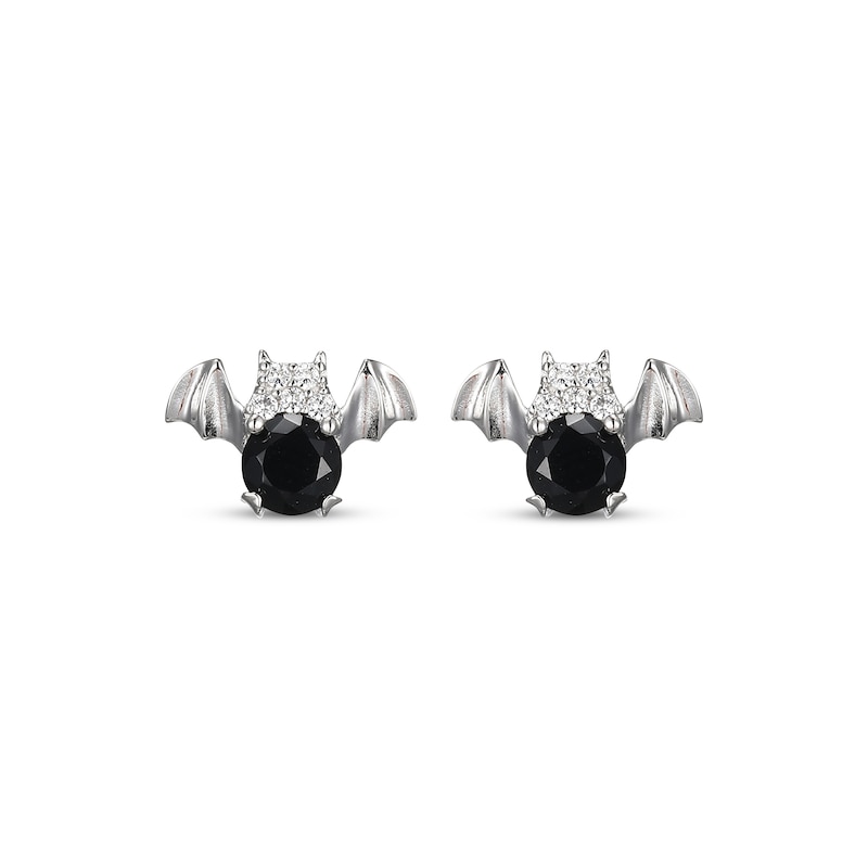 Black Agate & White Lab-Created Sapphire Bat Stud Earrings Sterling Silver