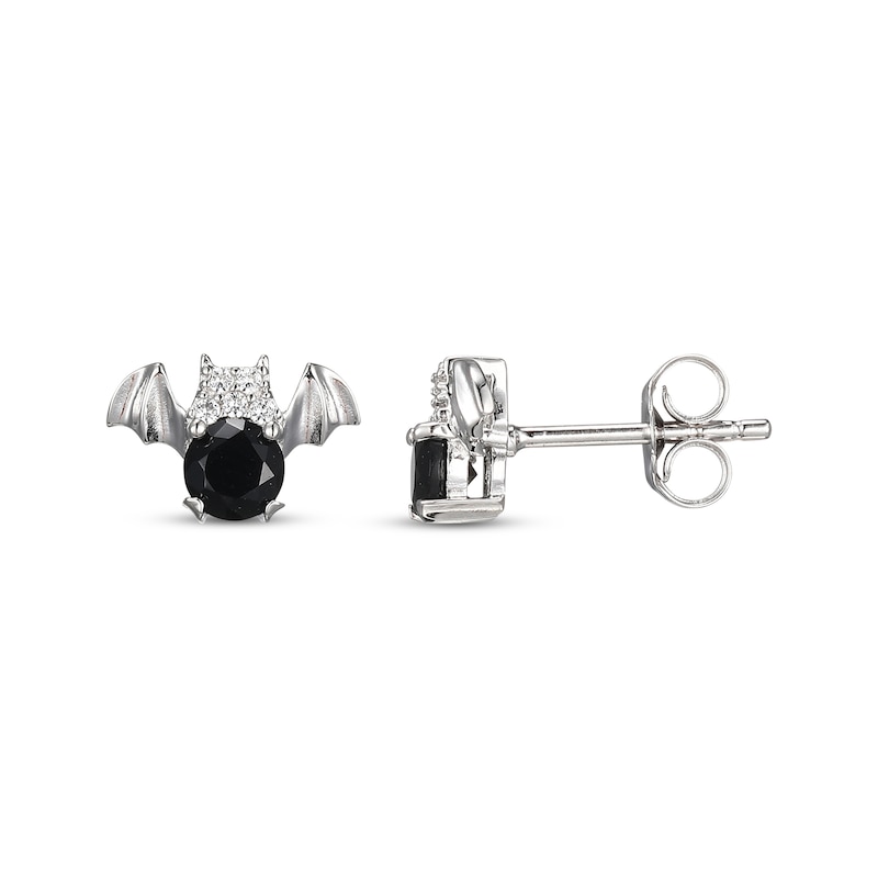 Black Agate & White Lab-Created Sapphire Bat Stud Earrings Sterling Silver