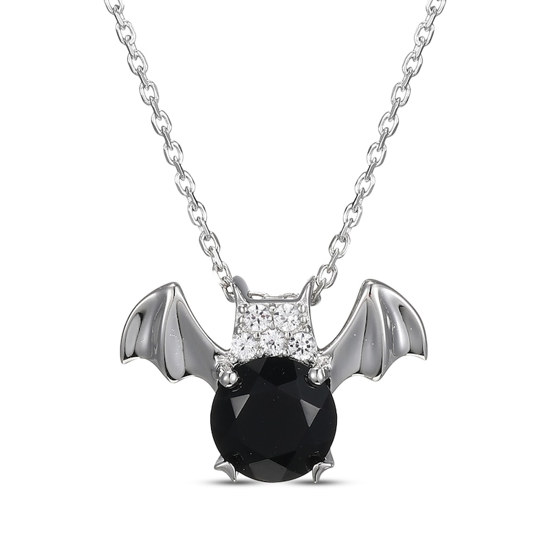 Black Agate & White Lab-Created Sapphire Bat Necklace Sterling Silver 18"