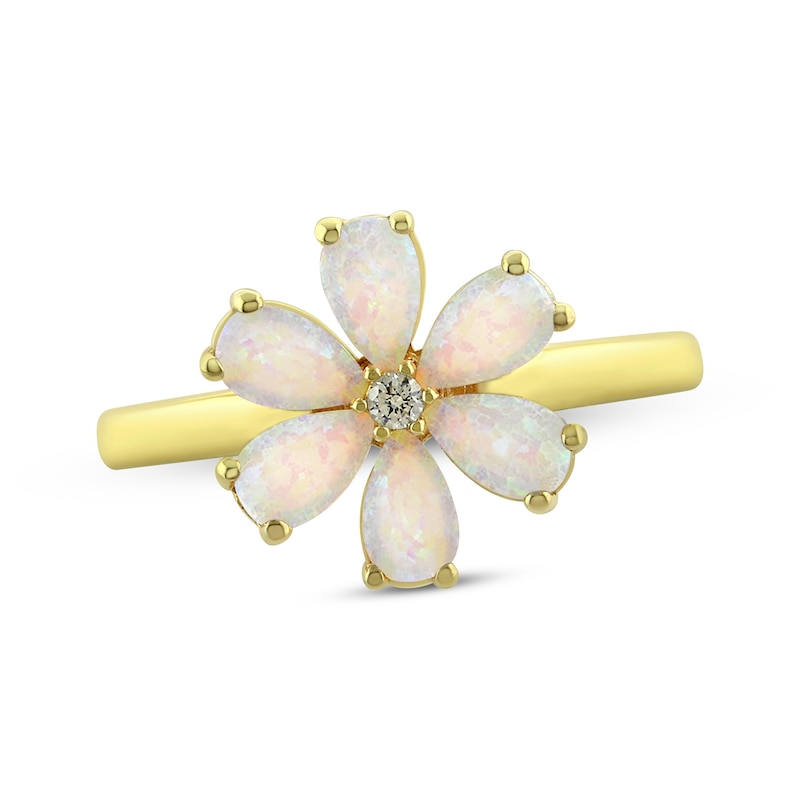 Main Image 1 of Pear-Shaped Lab-Created Opal & White Lab-Created Sapphire Flower Ring 10K Yellow Gold