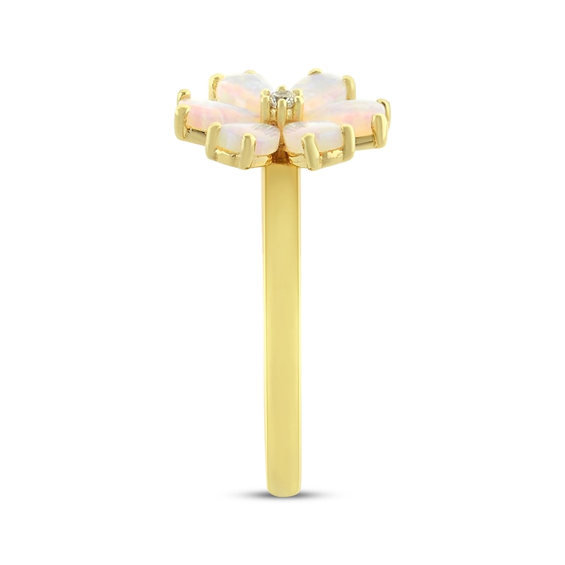 Main Image 2 of Pear-Shaped Lab-Created Opal & White Lab-Created Sapphire Flower Ring 10K Yellow Gold