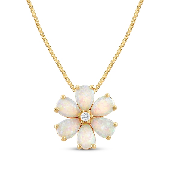 Pear-Shaped Lab-Created Opal & White Lab-Created Sapphire Flower Necklace 10K Yellow Gold 18"