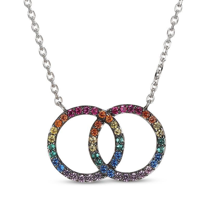 Main Image 1 of Lab-Created Gemstone Rainbow Linked Circles Necklace Sterling Silver 18&quot;