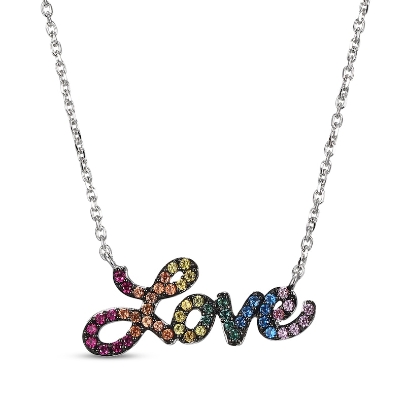 Main Image 1 of Lab-Created Gemstone Rainbow &quot;Love&quot; Necklace Sterling Silver 18&quot;