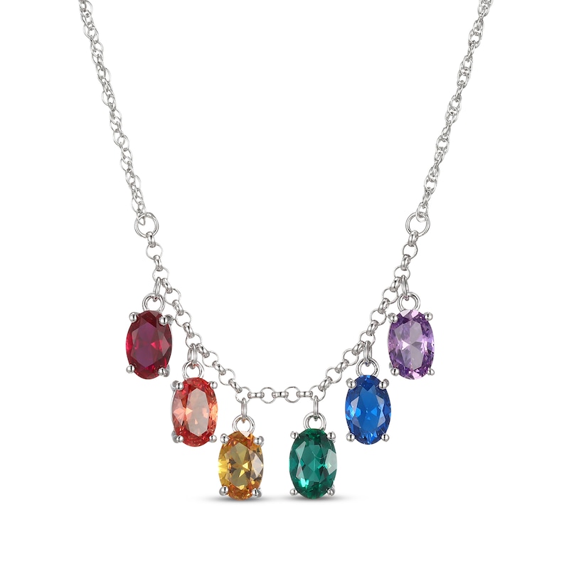 Main Image 1 of Oval-Cut Lab-Created Gemstone Rainbow Drop Necklace Sterling Silver 18&quot;