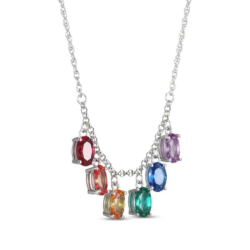 Main Image 2 of Oval-Cut Lab-Created Gemstone Rainbow Drop Necklace Sterling Silver 18&quot;