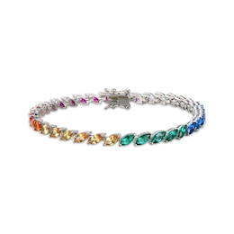 Marquise-Cut Multi Lab-Created Gemstone Rainbow Link Bracelet Sterling Silver 7.25"