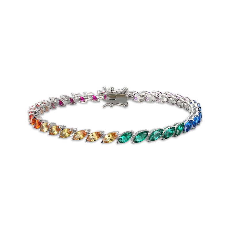 Main Image 1 of Marquise-Cut Multi Lab-Created Gemstone Rainbow Link Bracelet Sterling Silver 7.25&quot;