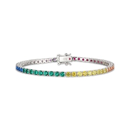Multi Lab-Created Gemstone Rainbow Line Bracelet Sterling Silver 7.25"