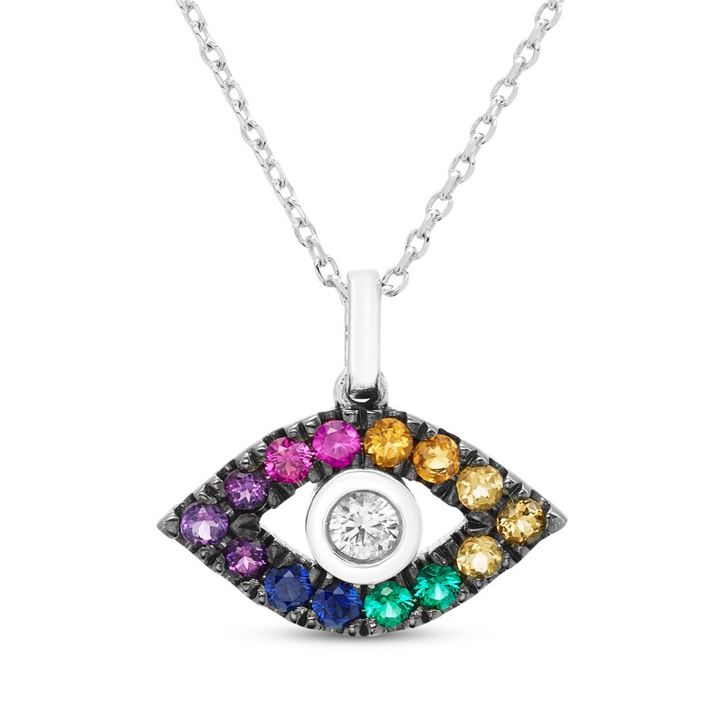Main Image 1 of Natural & Lab-Created Gemstone Rainbow Evil Eye Necklace Sterling Silver 18"