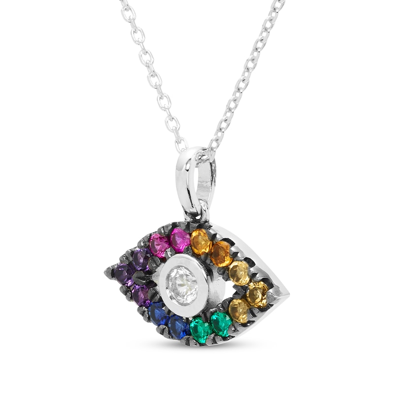 Main Image 2 of Natural & Lab-Created Gemstone Rainbow Evil Eye Necklace Sterling Silver 18"
