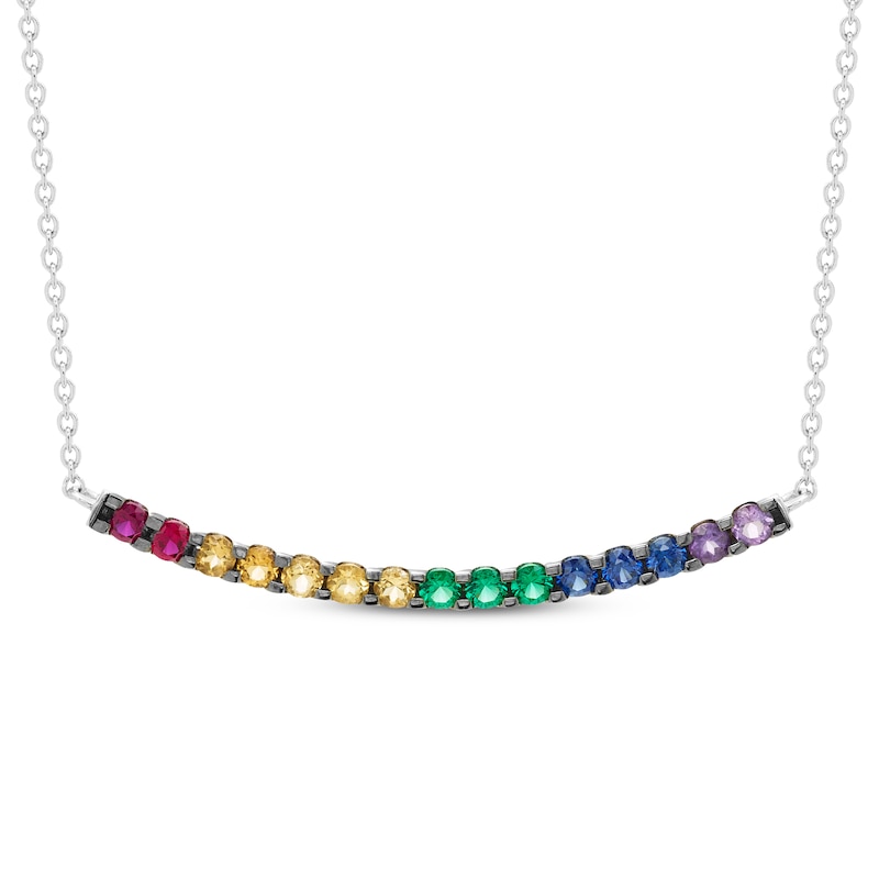 Main Image 1 of Natural & Lab-Created Gemstone Rainbow Smile Necklace Sterling Silver 18"