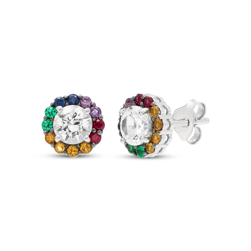 Main Image 1 of Natural & Lab-Created Gemstone Rainbow Halo Stud Earrings Sterling Silver