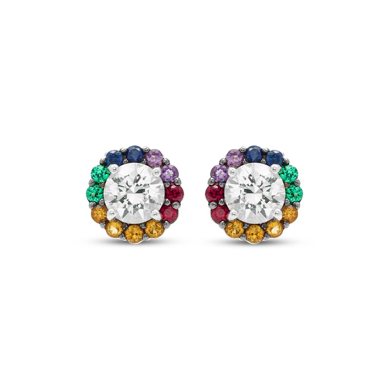 Main Image 2 of Natural & Lab-Created Gemstone Rainbow Halo Stud Earrings Sterling Silver