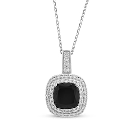 Cushion-Cut Black Onyx & White Lab-Created Sapphire Necklace Sterling Silver 18"
