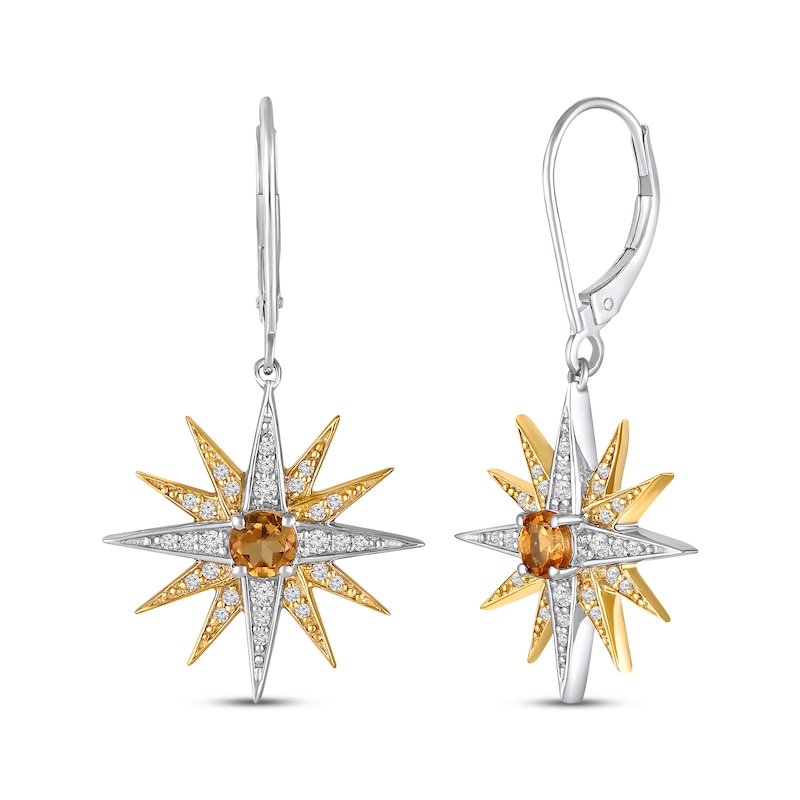 Main Image 1 of Citrine & White Lab-Created Sapphire Star Drop Earrings Sterling Silver & 10K Yellow Gold