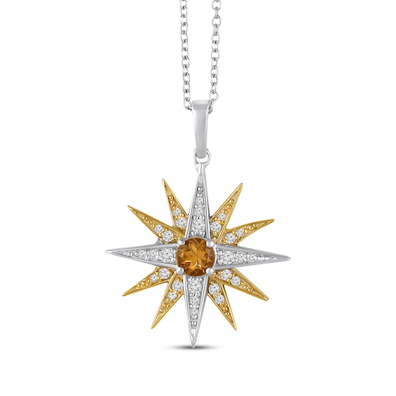 Citrine & White Lab-Created Sapphire Star Necklace Sterling Silver & 10K Yellow Gold 18"