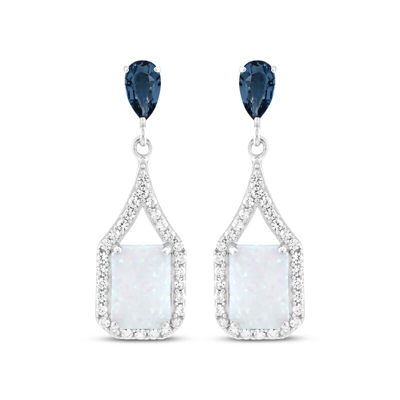 Main Image 2 of Emerald-Cut Lab-Created Opal, Pear-Shaped London Blue Topaz & White Lab-Created Sapphire Drop Earrings Sterling Silver