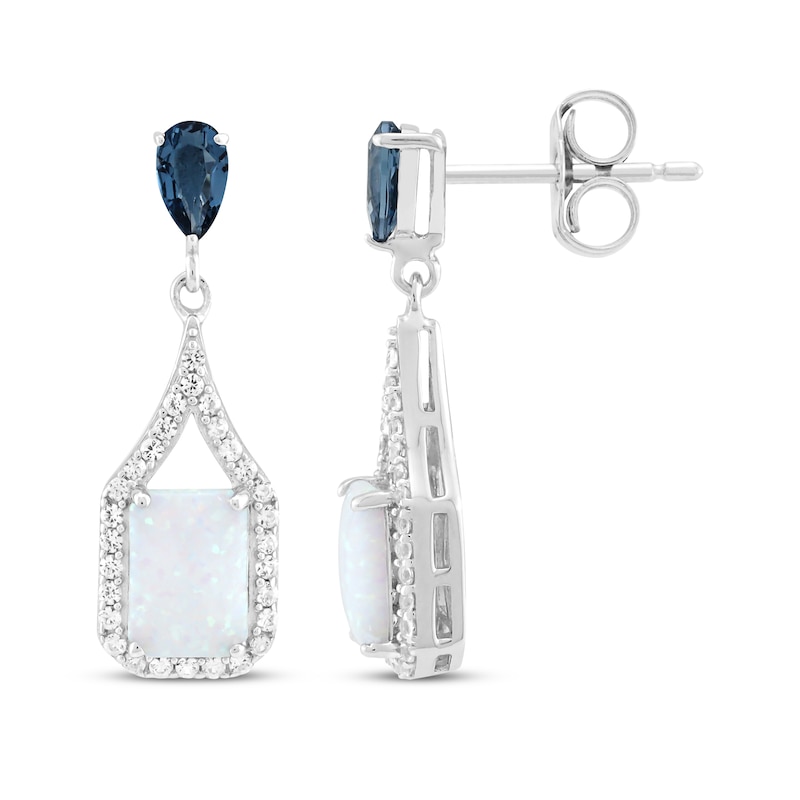 Main Image 3 of Emerald-Cut Lab-Created Opal, Pear-Shaped London Blue Topaz & White Lab-Created Sapphire Drop Earrings Sterling Silver