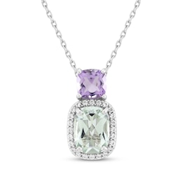 Cushion-Cut Green Quartz, Amethyst & White Lab-Created Sapphire Necklace Sterling Silver 18"