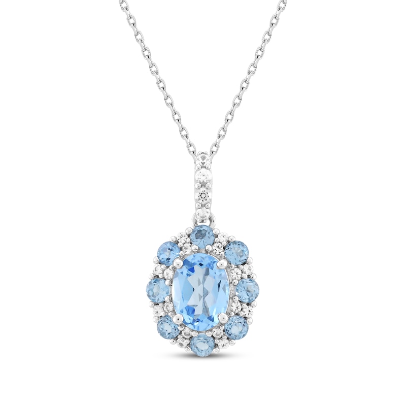Main Image 1 of Oval-Cut Swiss Blue Topaz & White Lab-Created Sapphire Halo Necklace Sterling Silver 18&quot;