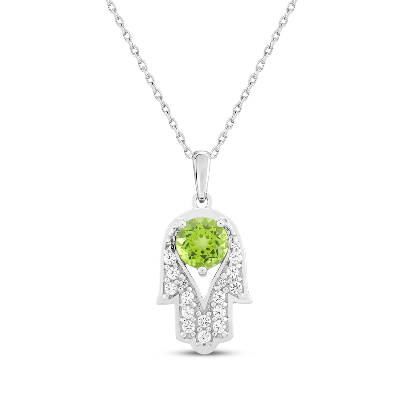 Main Image 1 of Peridot & White Lab-Created Sapphire Hamsa Necklace Sterling Silver 18&quot;