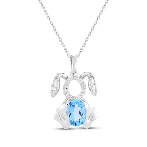 Oval-Cut Swiss Blue Topaz & White Lab-Created Sapphire Easter Bunny Necklace Sterling Silver 18"