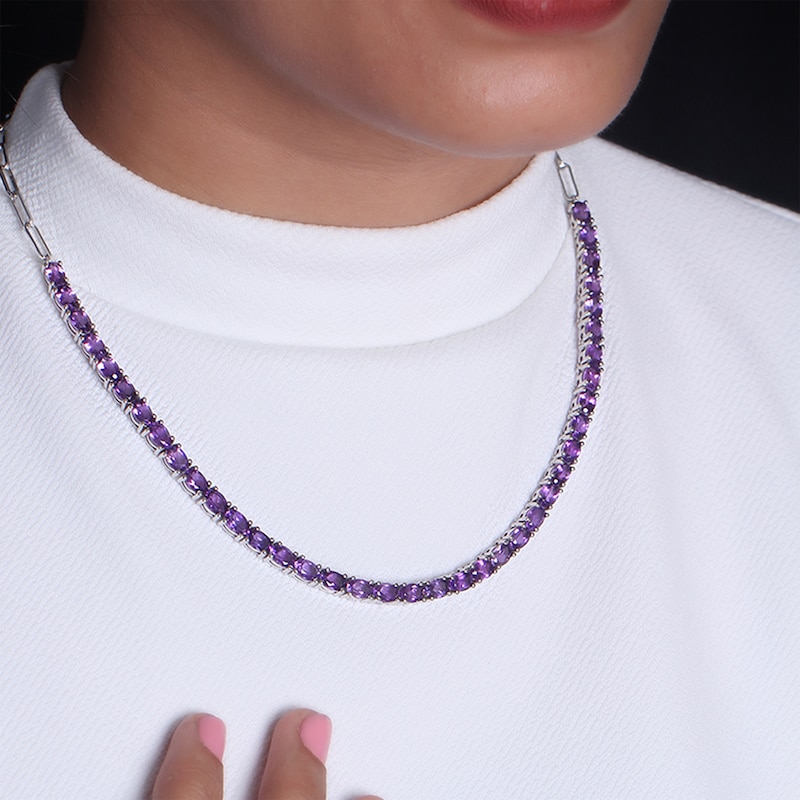 Main Image 3 of Oval-Cut Amethyst Paperclip Chain Necklace Sterling Silver 18&quot;