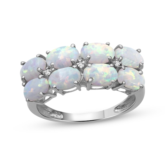 Oval-Cut Lab-Created Opal & White Lab-Created Sapphire Two-Row Ring Sterling Silver