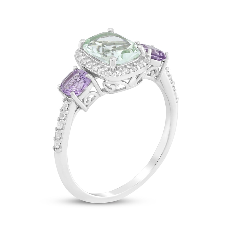 Main Image 2 of Cushion-Cut Green Quartz, Amethyst & White Lab-Created Sapphire Three-Stone Ring Sterling Silver