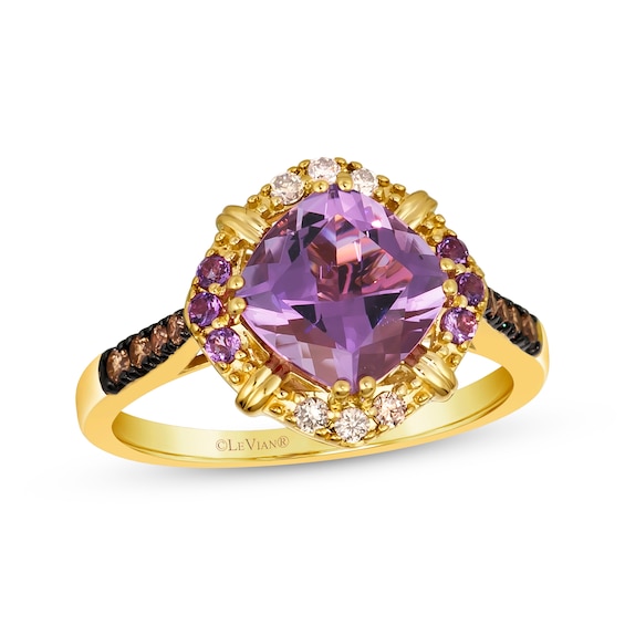 Le Vian Venetian Color on Color Cushion-Cut Amethyst Ring 1/6 ct tw Diamonds 14K Honey Gold