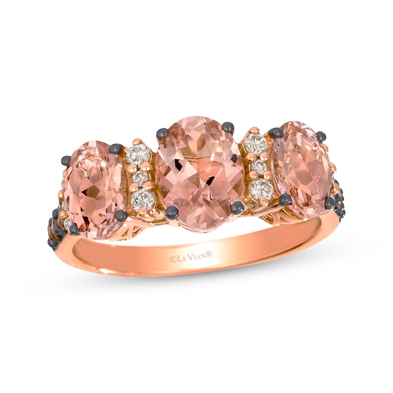 Main Image 1 of Le Vian Oval-Cut Morganite Three-Stone Ring 1/4 ct tw Diamonds 14K Strawberry Gold