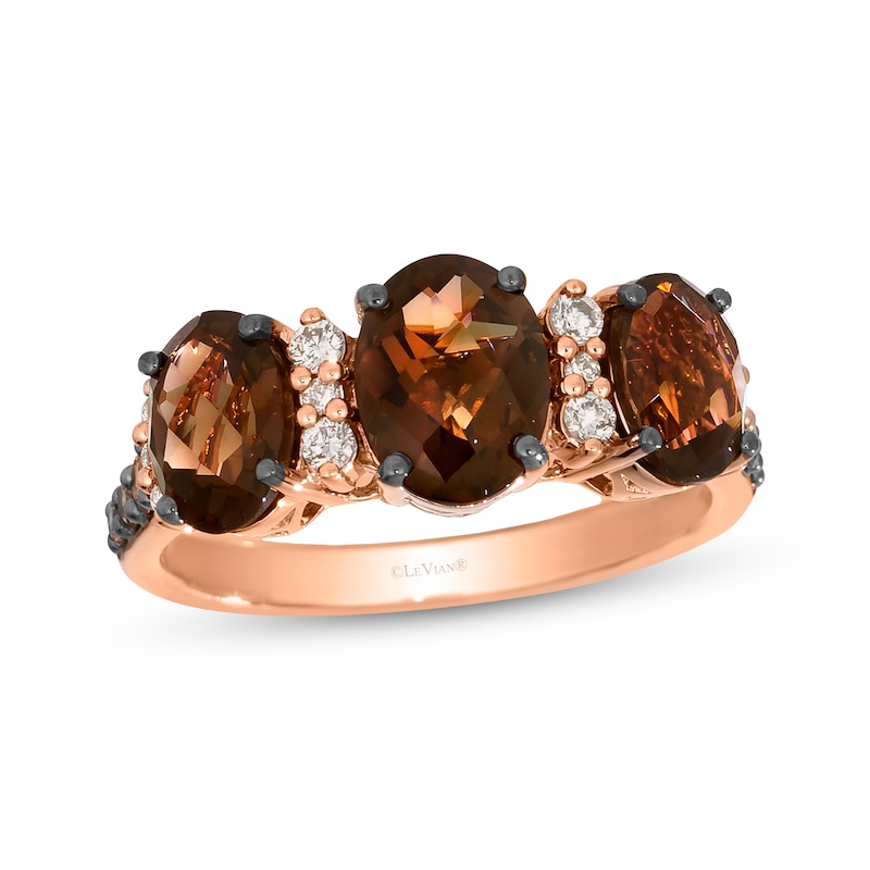 Le Vian Oval-Cut Chocolate Quartz Three-Stone Ring 1/4 ct tw Diamonds 14K Strawberry Gold