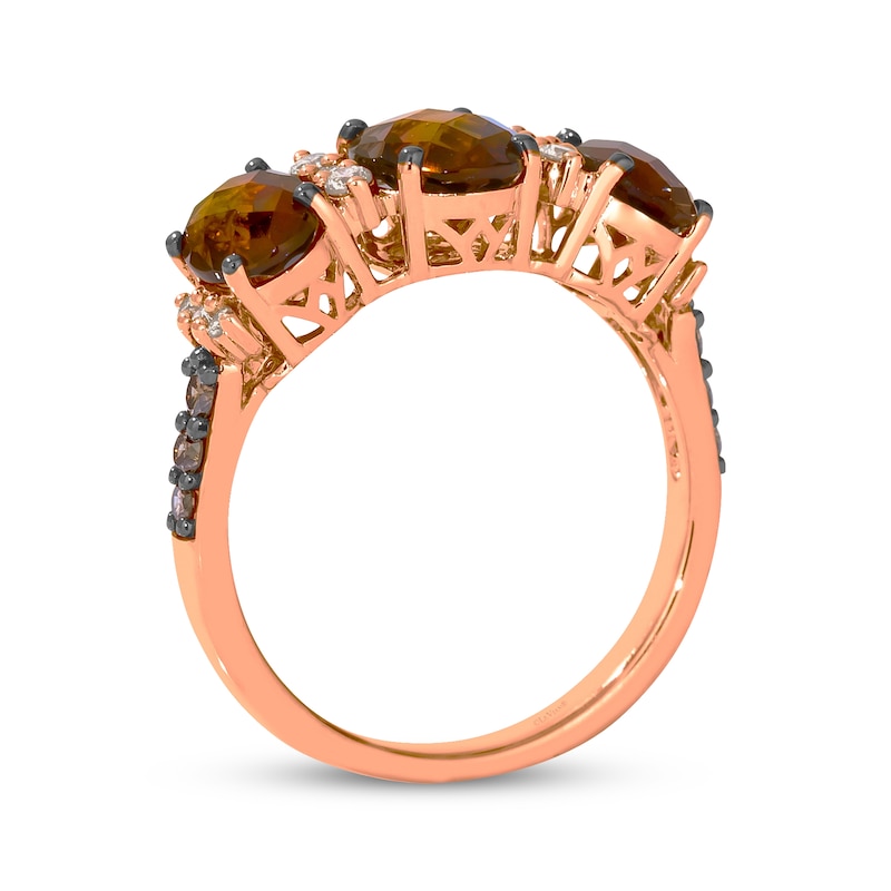 Le Vian Oval-Cut Chocolate Quartz Three-Stone Ring 1/4 ct tw Diamonds 14K Strawberry Gold