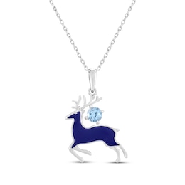 Swiss Blue Topaz & Dark Blue Enamel Reindeer Necklace Sterling Silver 18"