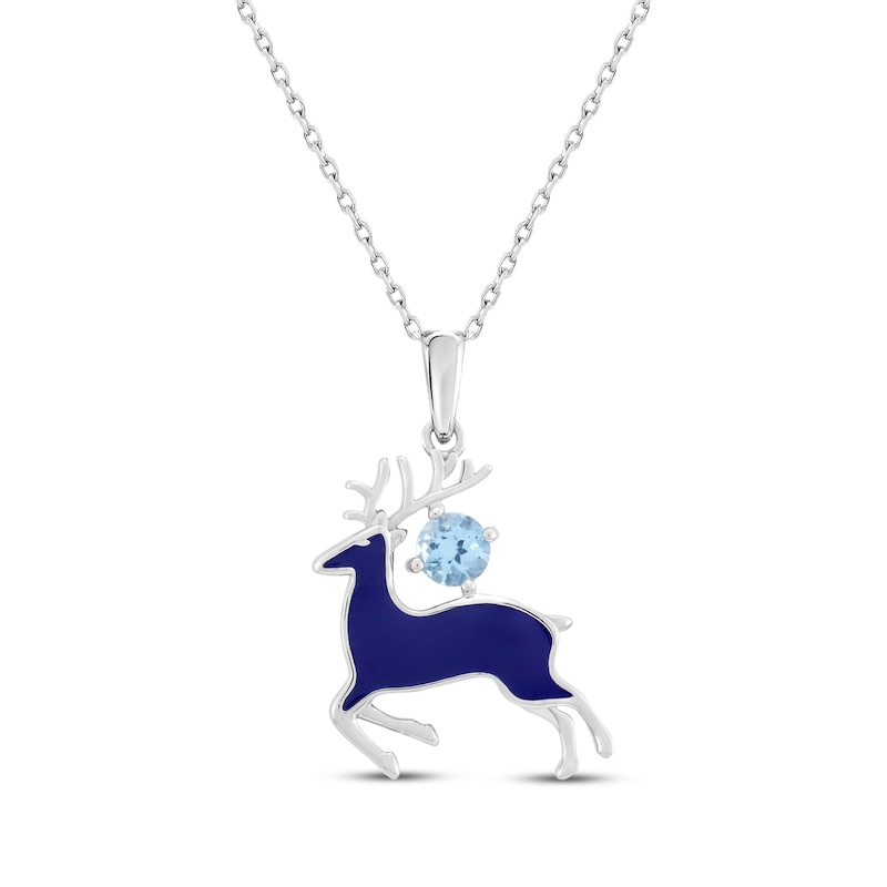 Main Image 1 of Swiss Blue Topaz & Dark Blue Enamel Reindeer Necklace Sterling Silver 18&quot;