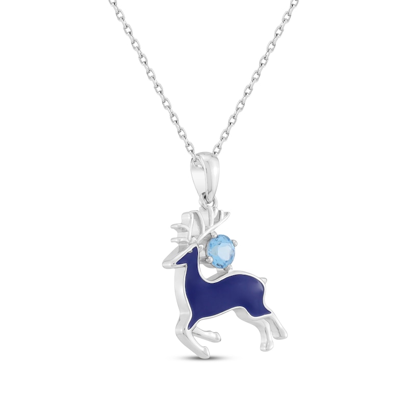 Swiss Blue Topaz & Dark Blue Enamel Reindeer Necklace Sterling Silver 18"