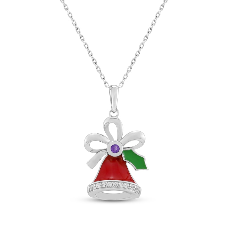 Amethyst, White Lab-Created Sapphire, Red & Green Enamel Christmas Bell Necklace Sterling Silver 18"