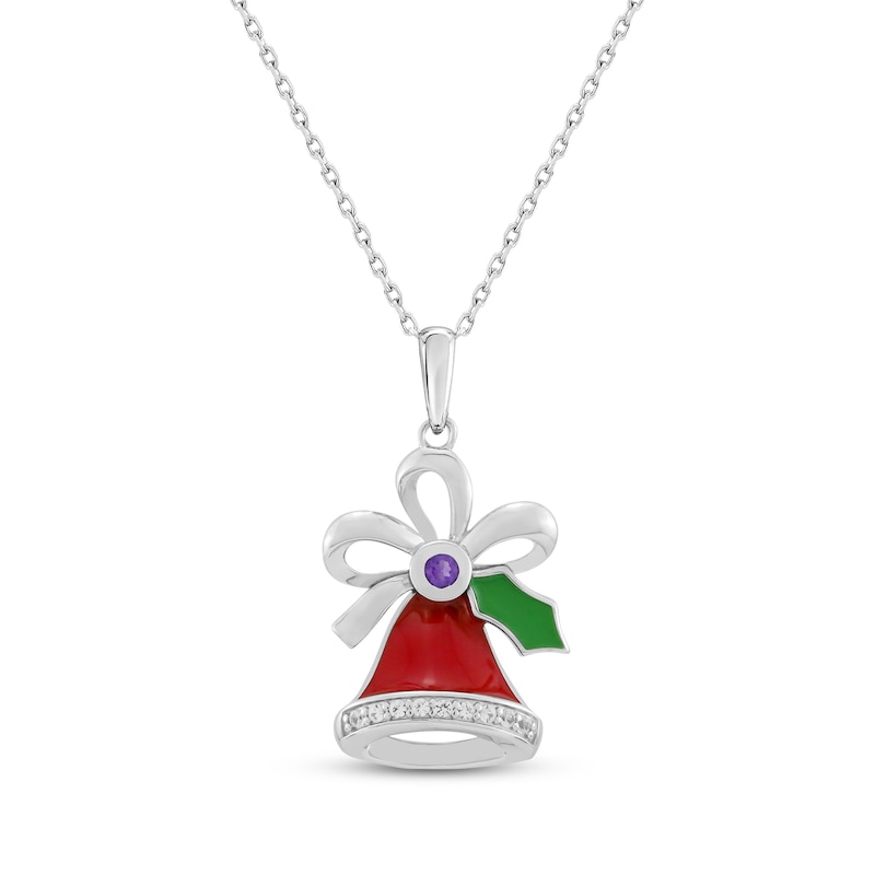 Main Image 1 of Amethyst, White Lab-Created Sapphire, Red & Green Enamel Christmas Bell Necklace Sterling Silver 18&quot;