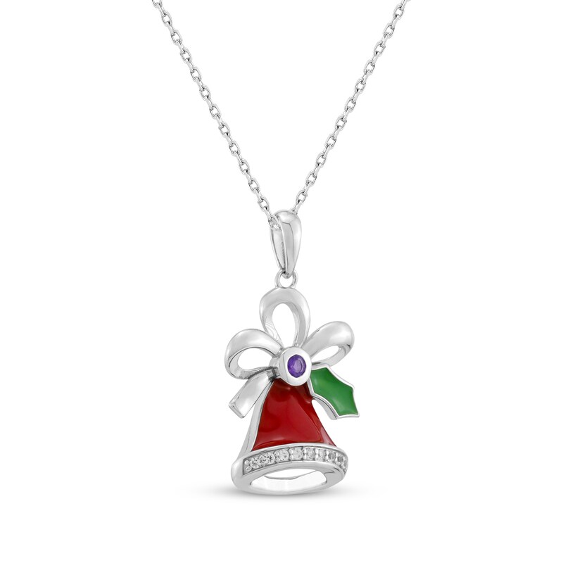 Amethyst, White Lab-Created Sapphire, Red & Green Enamel Christmas Bell Necklace Sterling Silver 18"