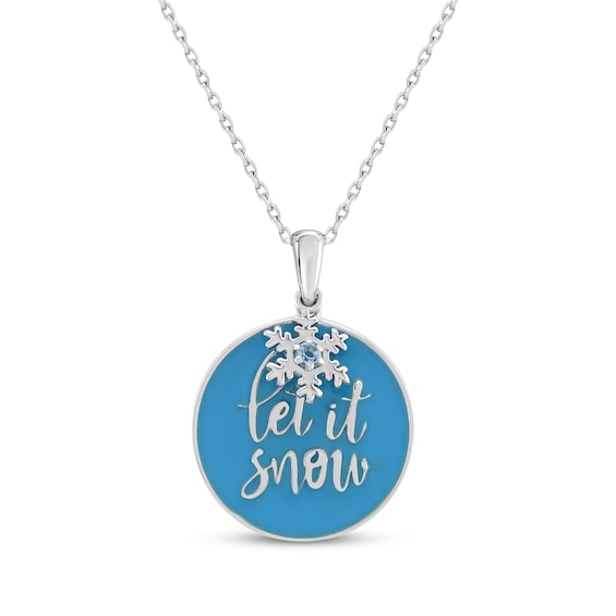 Swiss Blue Topaz "Let It Snow" Blue Enamel Disc Snowflake Necklace Sterling Silver 18"