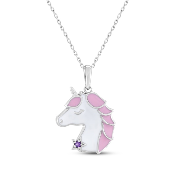 Amethyst, Pink & White Enamel Unicorn Necklace Sterling Silver 18"