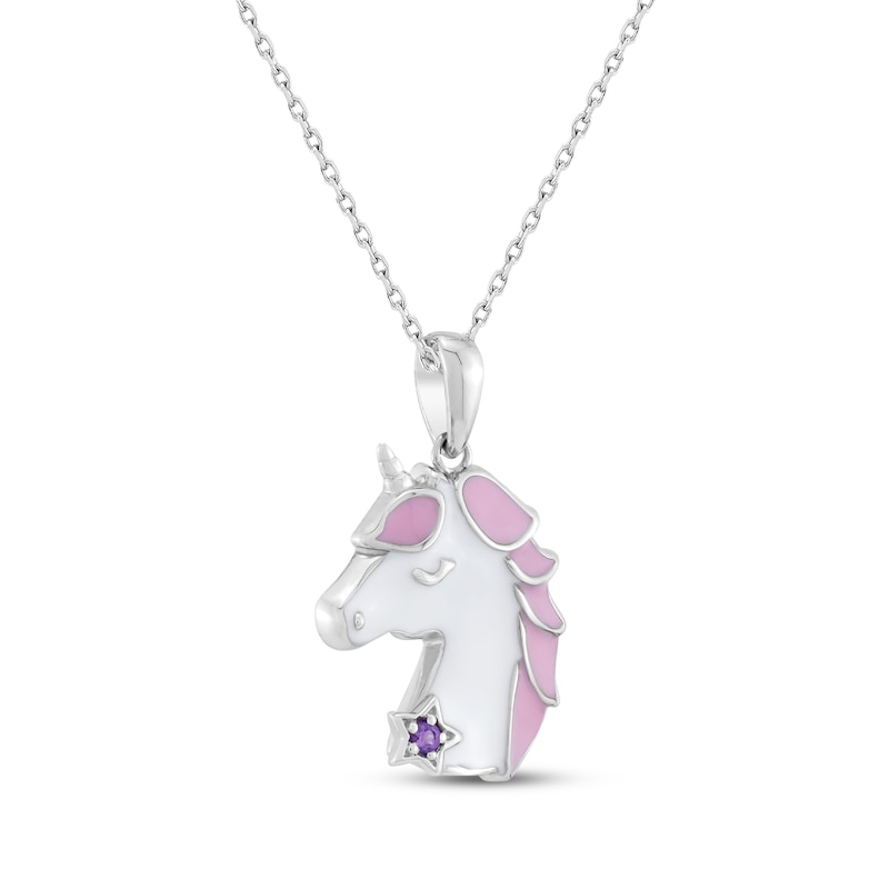 Main Image 2 of Amethyst, Pink & White Enamel Unicorn Necklace Sterling Silver 18&quot;