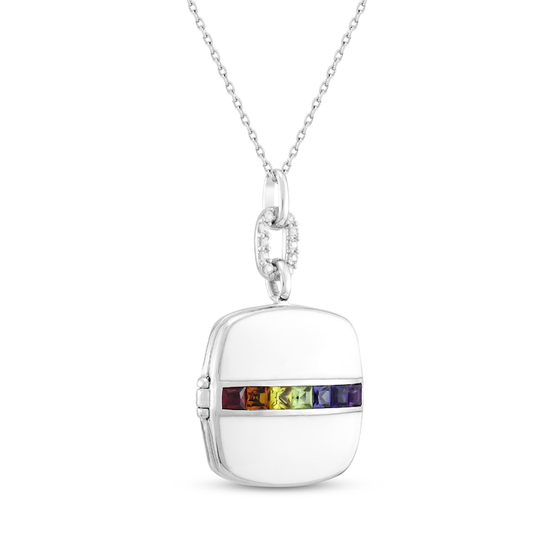 Main Image 2 of Square-Cut Natural & Lab-Created Gemstone Locket Necklace White Enamel & Sterling Silver 18&quot;