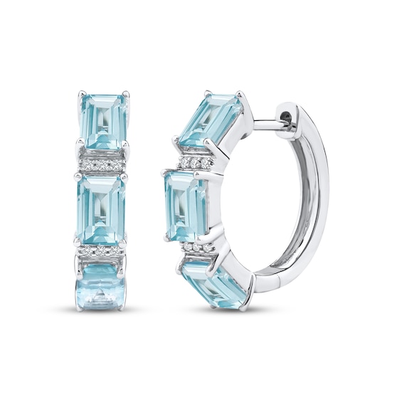 Octagon-Cut Aquamarine & White Lab-Created Sapphire Hoop Earrings Sterling Silver