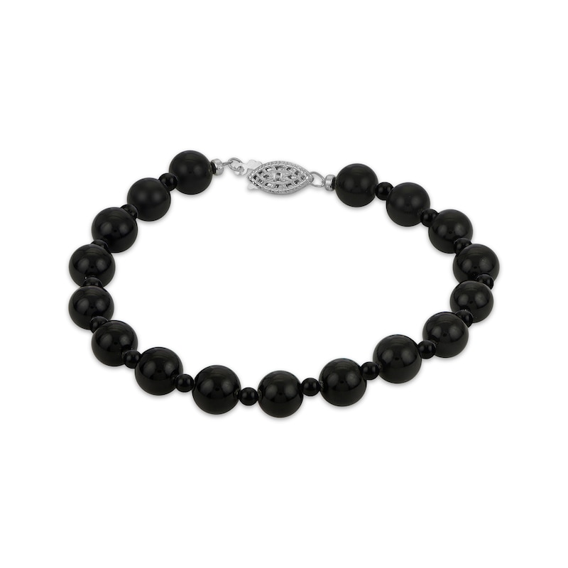 Main Image 1 of Black Onyx Beaded Bracelet Sterling Silver 7.5&quot;