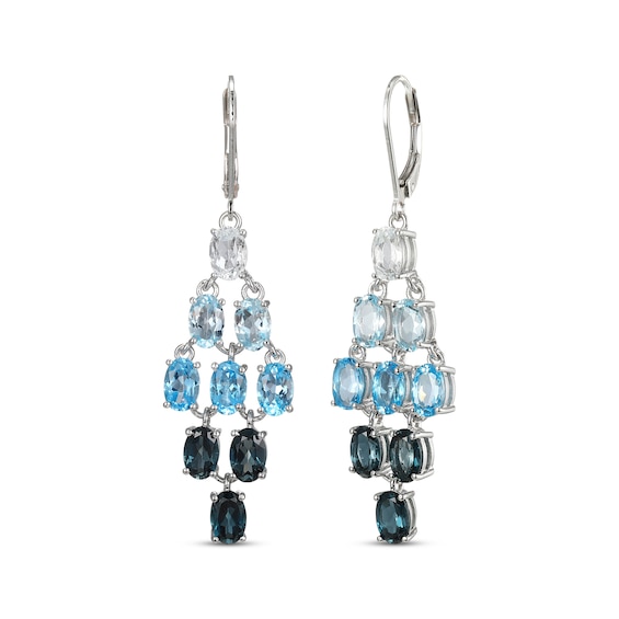 Oval-Cut Sky, Swiss and London Blue Topaz, White Lab-Created Sapphire Chandelier Earrings Sterling Silver